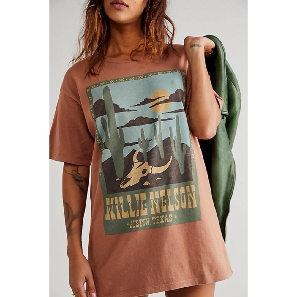 FREE PEOPLE NWOT Willie Nelson Tee Shirt Dress Oversized Cactus Southwestern M